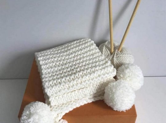 White Off Knitted Scarf with Pom Pom