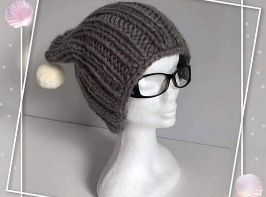 Grey Knitted Hat “Cat” with Pom Pom