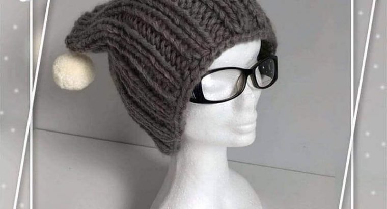 Grey Knitted Hat “Cat” with Pom Pom