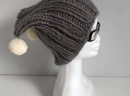 Grey Knitted Hat “Cat” with Pom Pom