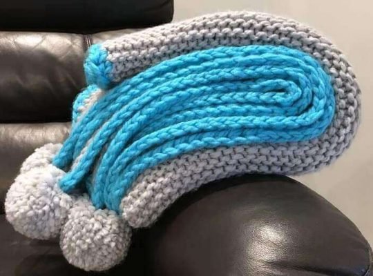 Grey and Aqua Knitted Blanket with Pom Pom