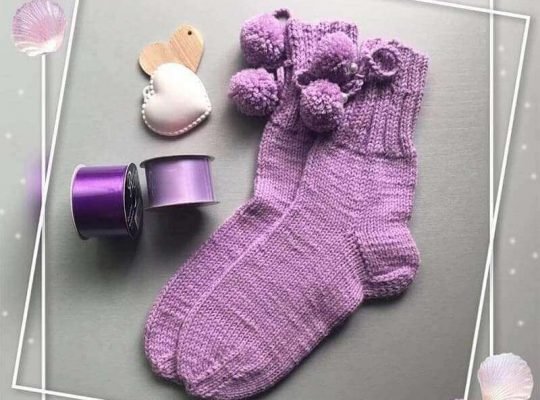 Purple Knitted Socks with Pom Pom