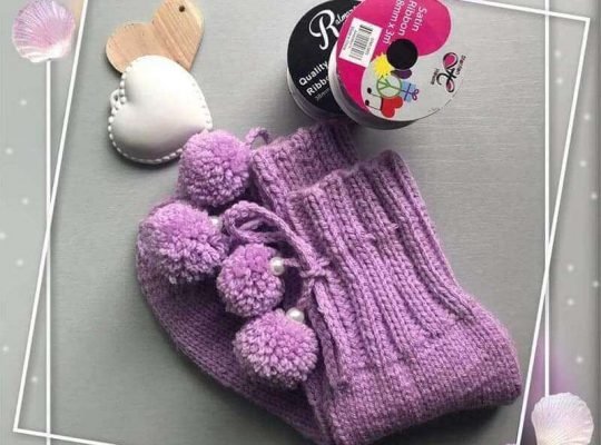 Purple Knitted Socks with Pom Pom