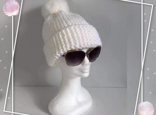 White Knitted Hat with Fur Pom Pom