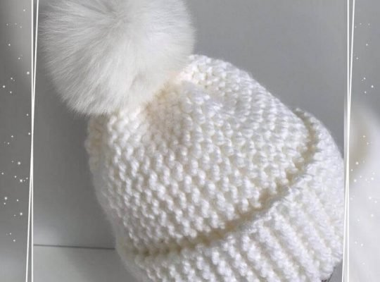 White Knitted Hat with Fur Pom Pom